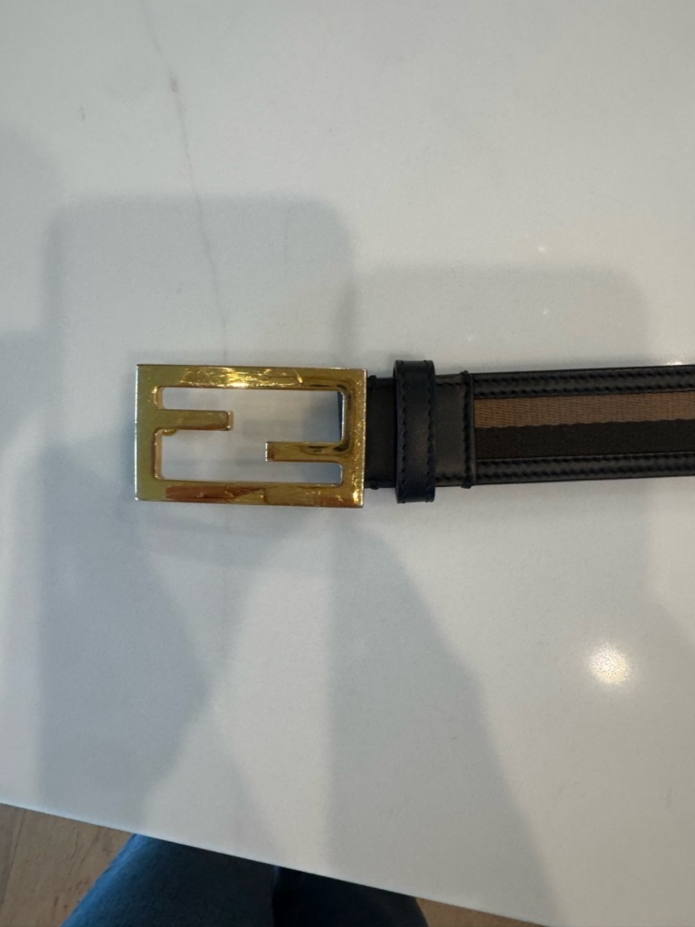 Fendi Black Baguette Leather $ Fabric Belt with Gold Fendi Logo Buckle - Picture 4 of 8